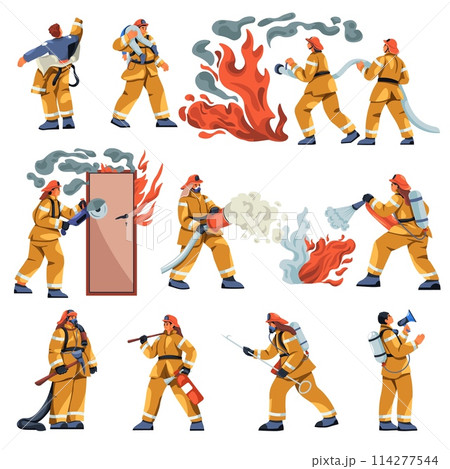 Cartoon fireman characters. Firefighters in uniform working rescue equipment extinguisher, emergency safety professional firefighter firemen occupation, recent vector illustration Cartoon fireman characters. Firefighters in uniform working rescue equipment extinguisher, emergency safety professional firefighter firemen occupation, recent vector illustration 114277544
