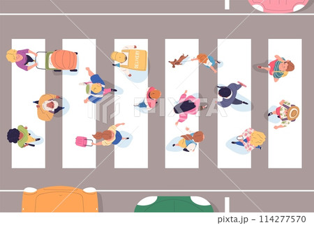 People crosswalk top view. Above walking crowd crossing street road or roadway, overhead busy pedestrians across city highway human silhouette aerial map classy vector illustration 114277570