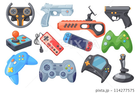 Videogame joypads. Game controller or joystick for remote control consoles arcade videogames, hipster gaming object retro video games gun 114277575