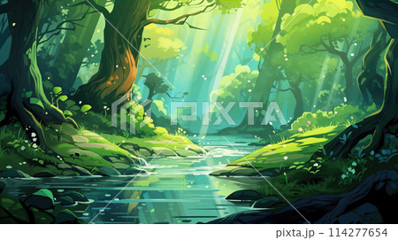 background wallpaper illustrator, Trees in forest , fresh green splash water , yellow ligh sun moorning  , Generate AI 114277654