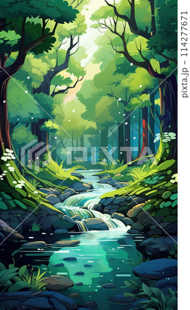 background wallpaper illustrator, Trees in forest , fresh green splash water , yellow ligh sun moorning  , Generate AI 114277671