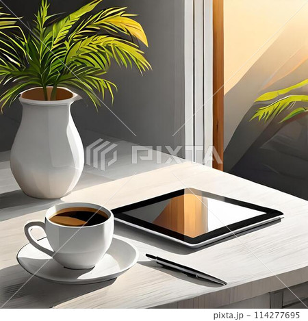 テーブルに置かれたタブレット（AI生成画像） 114277695