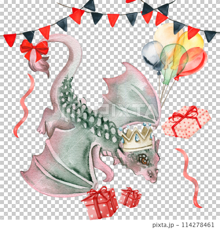 Watercolor hand drawn tropical cute dinosaurs birthday composition. Dino illustration perfect for design, wallpaper, scrapbooking, invitation, wedding or greetings card. 114278461