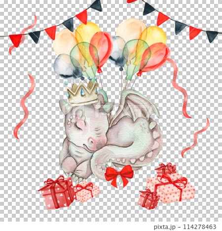 Watercolor hand drawn tropical cute dinosaurs birthday composition. Dino illustration perfect for design, wallpaper, scrapbooking, invitation, wedding or greetings card. 114278463