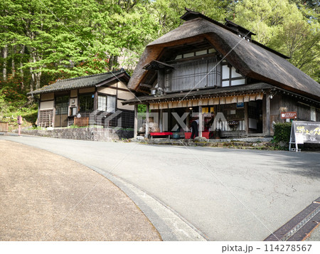 岩手県北上市のみちのく民族村の五月の風景　江戸時代から続く今野家の茅葺き住宅の 114278567
