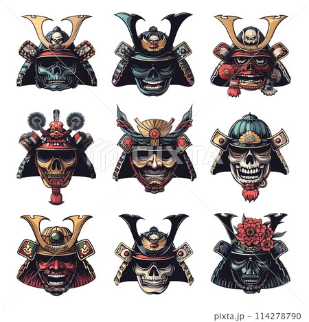 Samurai helmet tattoo, japan warrior head face in military mask of evil demon japanese or skull, angry fighter vintage sketch engraving set vector illustration Samurai helmet tattoo, japan warrior head face in military mask of evil demon japanese or skull, angry fighter vintage sketch engraving set vector illustration 114278790