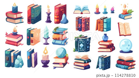 Magic book stack, magician library cartoon paper old books, candles witch crystals for witchcraft education, fantasy rpg game antique fairy tale literature set vector illustration 114278810
