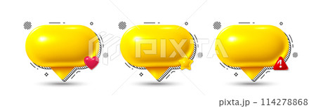 Chat speech bubble icons set. Yellow chat comment 3d icon. Talk message box. Modern realistic 3d design. Support speech bubble, chat message box. Social media dialog banner. Vector Chat speech bubble icons set. Yellow chat comment 3d icon. Talk message box. Modern realistic 3d design. Support speech bubble, chat message box. Social media dialog banner. Vector 114278868
