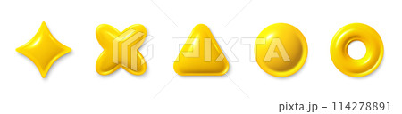 Stars, triangle, circle glossy elements. Set of yellow different 3d shapes. Realistic 3d design cartoon style. Abstract objects for 3d design elements. Yellow golden star. Vector illustration 114278891