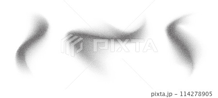 Dotwork abstract splashes, black noise grain texture, abstract stipple sand effect. Gradient wave dots shapes. Noise dots wave spray, fluid grain gradient black shapes. Vector illustration 114278905
