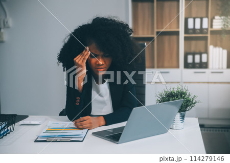 Overworked businesswoman stress from work or upset after finishing meeting. Emotional pressure, stress at work concept Overworked businesswoman stress from work or upset after finishing meeting. Emotional pressure, stress at work concept 114279146