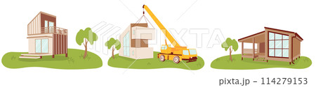 Modular homes set. Wooden eco-friendly modular houses. New modular housing concept. Modular homes exterior designs 114279153
