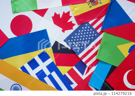 Global citizenship and Multilateralism. Many small flags of different countries. 114279218