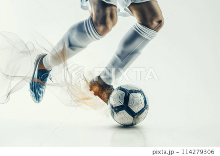 A soccer player dribbles and kicks a ball on a field double exposure style 114279306