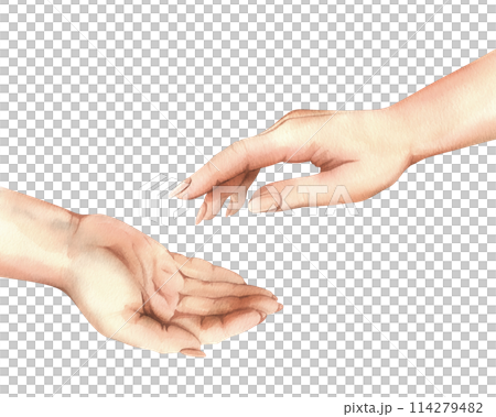 The hands of a white woman, one accepts the other gives. Realistic hand-drawn watercolor illustration. Composition isolated from the background. For the themes of Women's Day, Mother's Day, Charity The hands of a white woman, one accepts the other gives. Realistic hand-drawn watercolor illustration. Composition isolated from the background. For the themes of Women's Day, Mother's Day, Charity 114279482