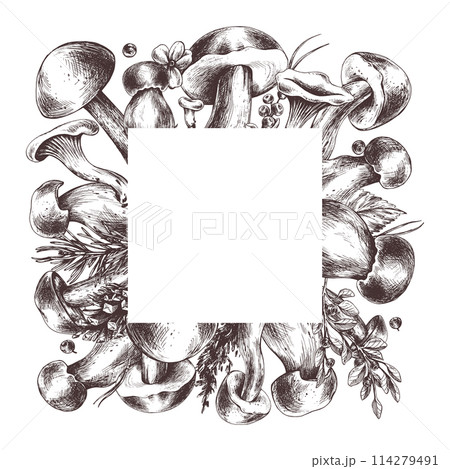 Edible forest mushrooms, boletus, chanterelles, with blueberries and lingonberries, leaves, fir and cones. Graphic illustration, hand drawn with brown ink, line art. Square frame, template for text. 114279491
