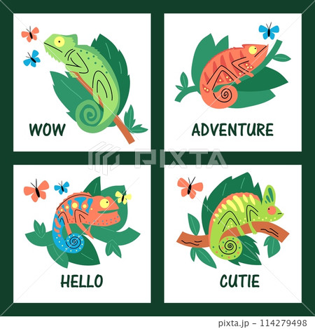 Set of squared banners with cute funny chameleons flat style 114279498