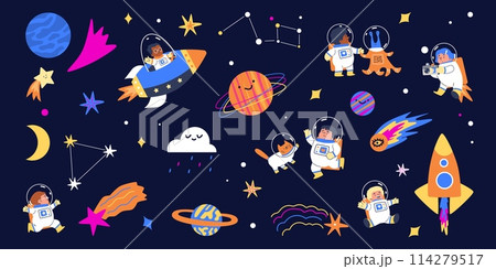 Space adventure with children and animals in spacesuits flat vector illustration. Space adventure with children and animals in spacesuits flat vector illustration. 114279517