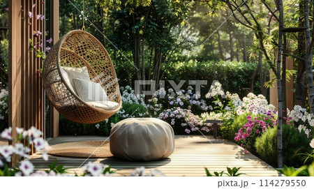 Rattan hanging chair with cushions on wooden deck surrounded by lush garden Rattan hanging chair with cushions on wooden deck surrounded by lush garden 114279550