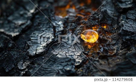 Amber droplet on charred wood texture. Macro photography. 114279608