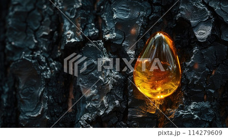 Amber droplet on charred wood texture. Macro photography. 114279609