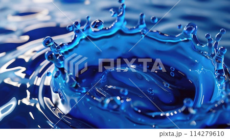 Blue liquid splash with dynamic droplets on a blue background. 114279610