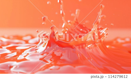 Vivid orange liquid splash on an orange background. High-speed photography. 114279612