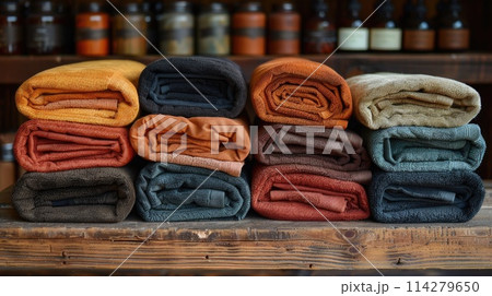 Stacked colorful cotton towels on rustic wooden background. Stacked colorful cotton towels on rustic wooden background. 114279650