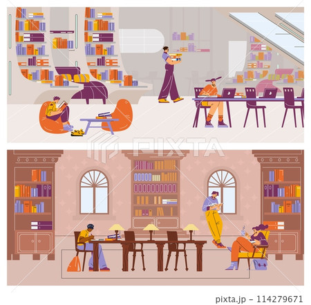 Cozy library scene vector illustration set 114279671