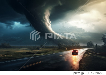 Disaster catastrophe storm concept - tornado in a field in the USA with car on road driving towards the storm in field under stormy dark sky 114279680