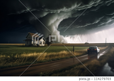 Disaster catastrophe storm concept - tornado in a field in the USA with wooden house and car on road under stormy dark sky 114279703