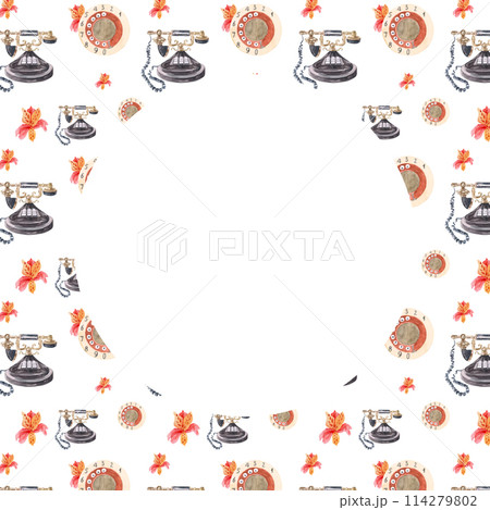Watercolor frame with vintage telephones and vintage watercolor alstroemeria flowers. Retro pattern drawn by hand. Watercolor frame with vintage telephones and vintage watercolor alstroemeria flowers. Retro pattern drawn by hand. 114279802