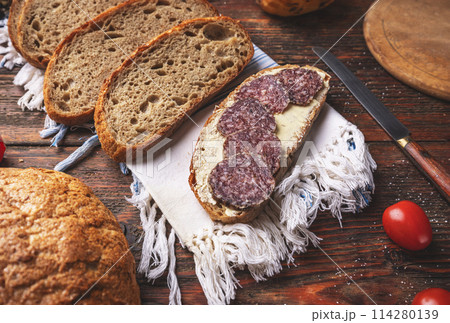 Delicious salami sandwich Delicious salami sandwich 114280139