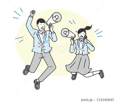 メガホンを持ってジャンプする男女-応援ー人物白黒シンプルベクターイラスト素材 114280685
