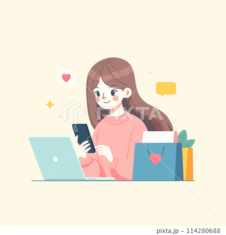 woman shopping by mobile phone. concept of shopping online. Vector illustration 114280688