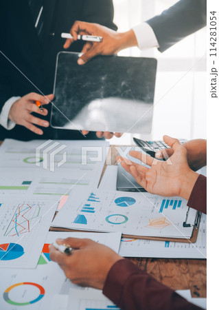 Business team working with new startup project plan and discussion information for financial strategy with laptop and digital tablet in a modern business lounge. 114281054