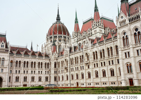 Hungarian Parliament. Famous landmark in Budapest. Detailed view of historical building 114281096