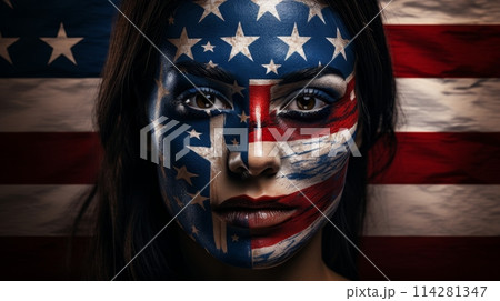 Portrait of person with intricate american flag makeup on plain background with copy space 114281347
