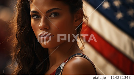 Happy woman celebrating independence day with american flag on 4th of july holiday 114281348