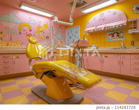 A vibrant yellow dentist chair stands out in a whimsical pink and yellow-themed childrens dental office, creating a cheerful and inviting atmosphere. 114281728