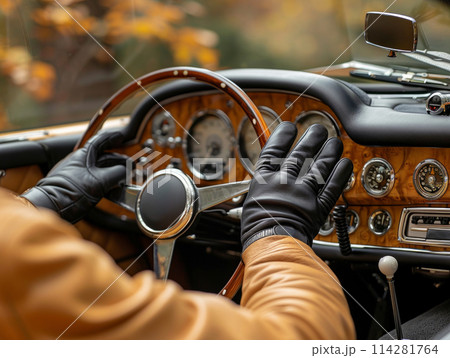 A dexterous man in driving gloves steering a car through the open road with precision and focus. 114281764