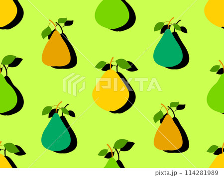 Seamless pattern of pears in flat style with shadow. Ripe pears with two leaves. Fruit background with pears for wallpaper, wrapping paper, banners and posters. Vector illustration 114281989