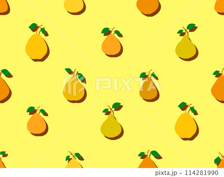 Seamless pattern of pears in flat style with shadow. Ripe pears with two leaves. Fruit background with pears for wallpaper, wrapping paper, banners and posters. Vector illustration 114281990