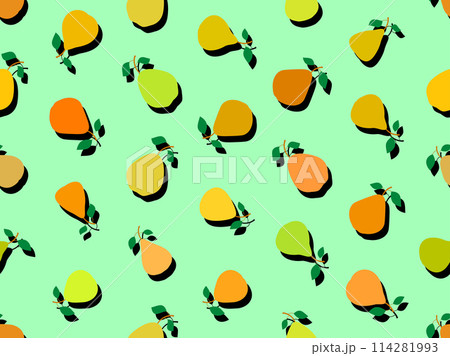 Seamless pattern of pears in flat style with shadow. Ripe pears with two leaves. Fruit background with pears for wallpaper, wrapping paper, banners and posters. Vector illustration Seamless pattern of pears in flat style with shadow. Ripe pears with two leaves. Fruit background with pears for wallpaper, wrapping paper, banners and posters. Vector illustration 114281993