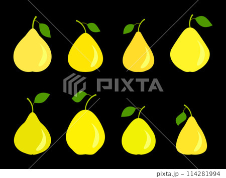 Yellow pear set isolated on black background. Yellow pears with one leaf. Pears icon collection. Design for printing on fabric, banners and promotional items. Vector illustration Yellow pear set isolated on black background. Yellow pears with one leaf. Pears icon collection. Design for printing on fabric, banners and promotional items. Vector illustration 114281994