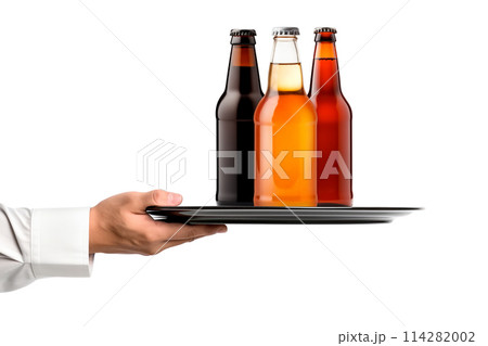 Waiter hand holding metal tray with set of Beer glasses and bottles on a white background. Waiter hand holding metal tray with set of Beer glasses and bottles on a white background. 114282002