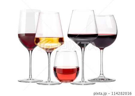 Set of red and white wine glasses isolated on white background. Rose wine splashing in glassware. Set of red and white wine glasses isolated on white background. Rose wine splashing in glassware. 114282016