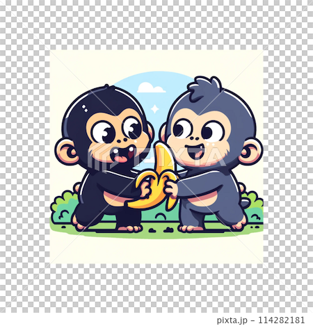 Baby monkey shares banana with friend Baby monkey shares banana with friend 114282181