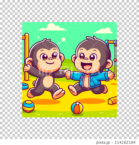 Baby monkey playing with friends in the park Baby monkey playing with friends in the park 114282184