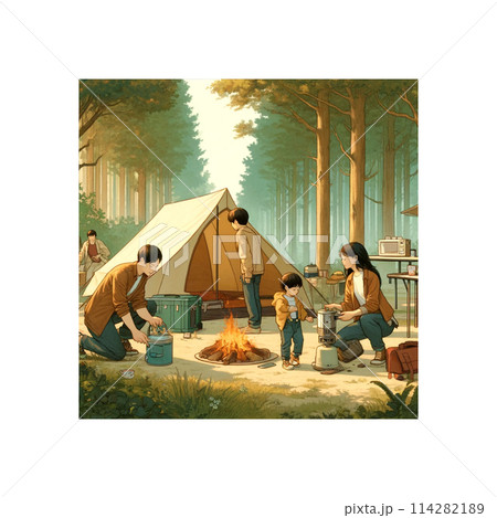 キャンプを楽しむ家族 114282189
